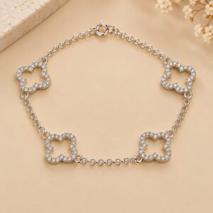 Pulseira Prata Legitima 4 trevos cravejados vazados