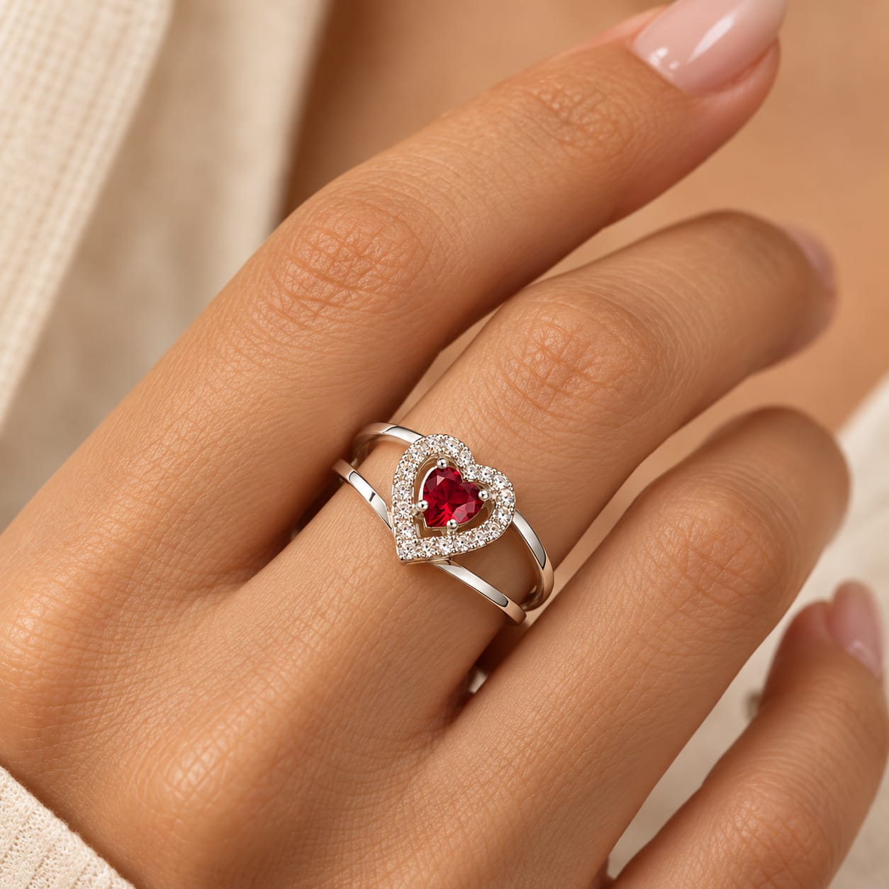 Anel Prata legítima Coração cravejado vermelho