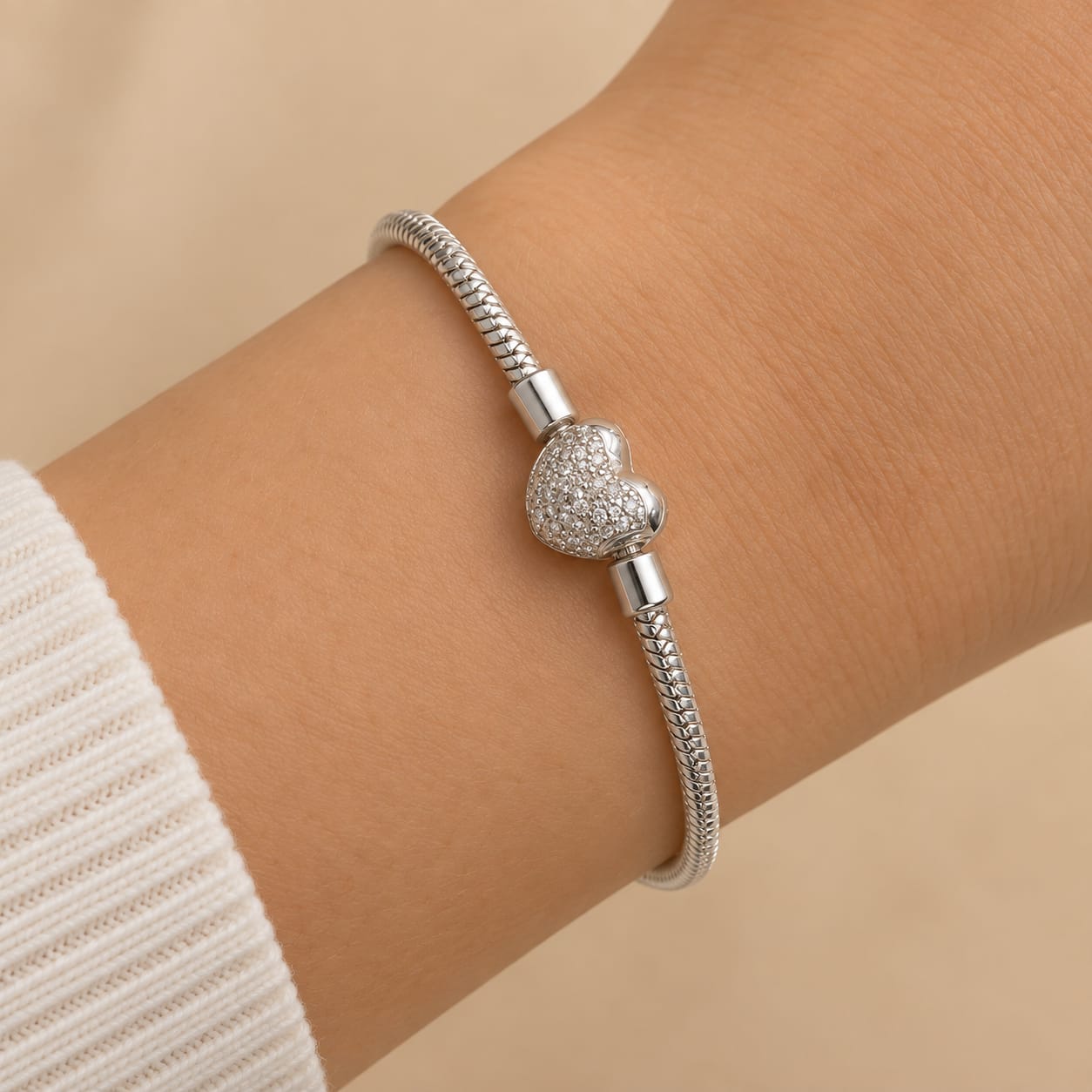 Pulseira Prata Legitima berloque fecho coração cravejado