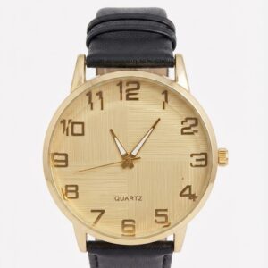 Relógio Quartz pulseira couro sintético preta cx dourada
