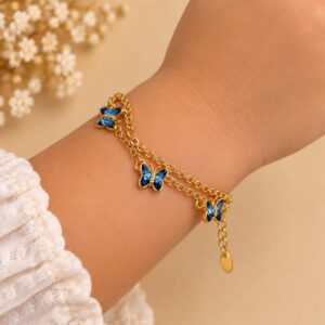 Pulseira Banhada a Ouro infantil dupla borboletas azul
