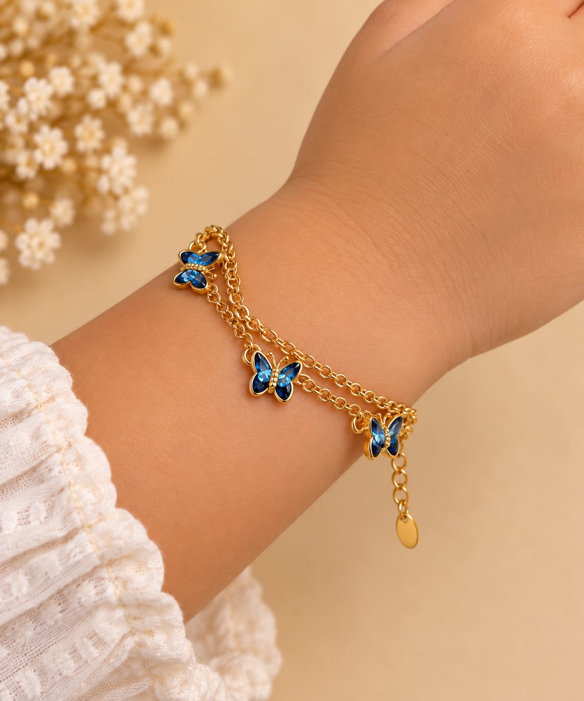 Pulseira Banhada a Ouro infantil dupla borboletas azul