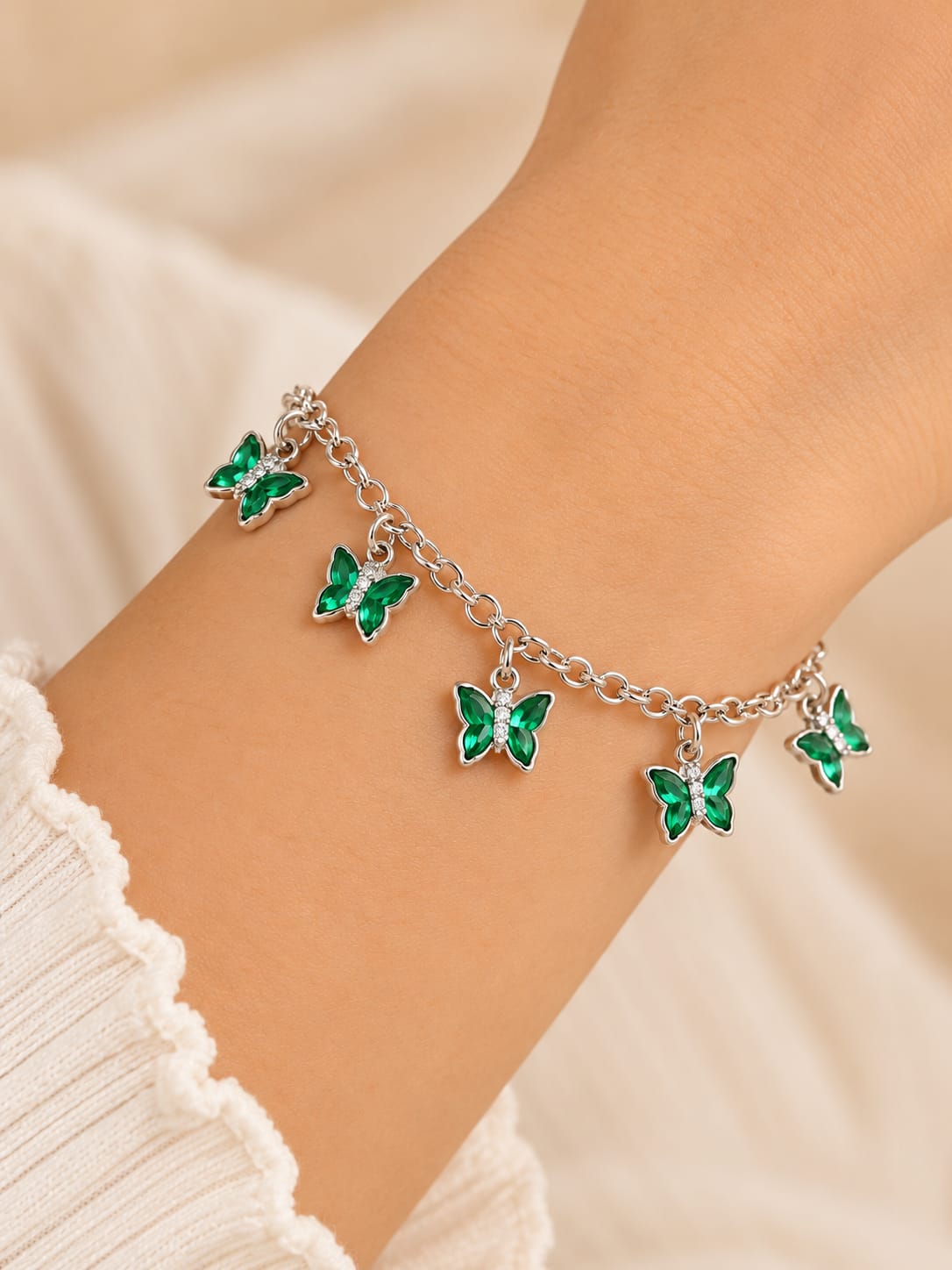 Pulseira Banhada a Prata infantil borboletas verde